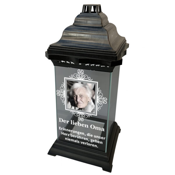 Personalisiertes Grablicht mit Foto und Unterschrift